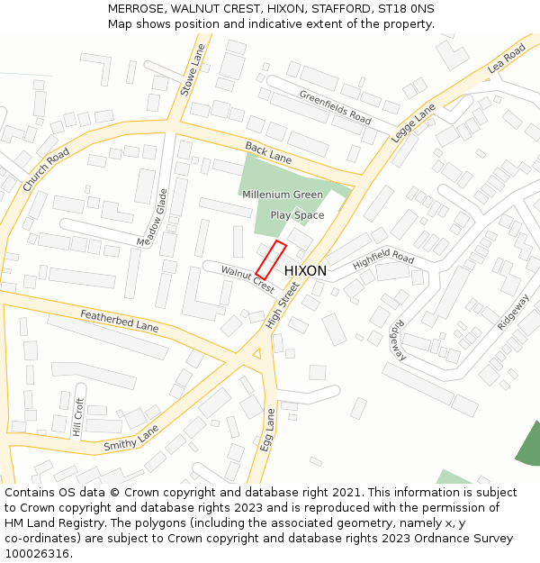 MERROSE, WALNUT CREST, HIXON, STAFFORD, ST18 0NS: Location map and indicative extent of plot