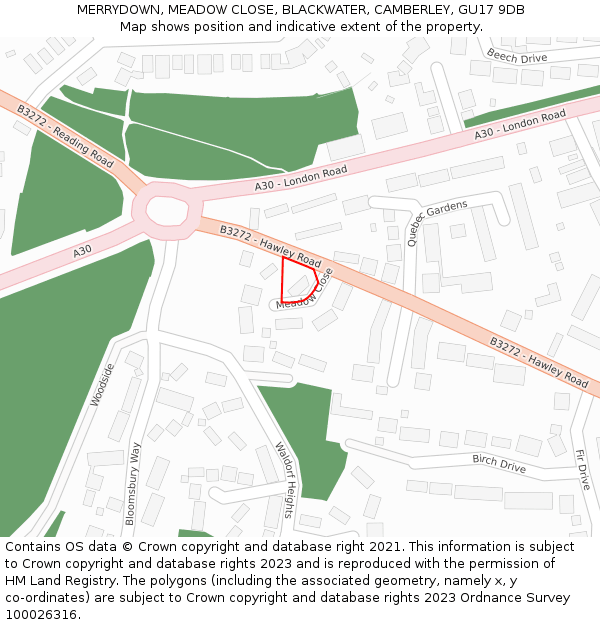 MERRYDOWN, MEADOW CLOSE, BLACKWATER, CAMBERLEY, GU17 9DB: Location map and indicative extent of plot
