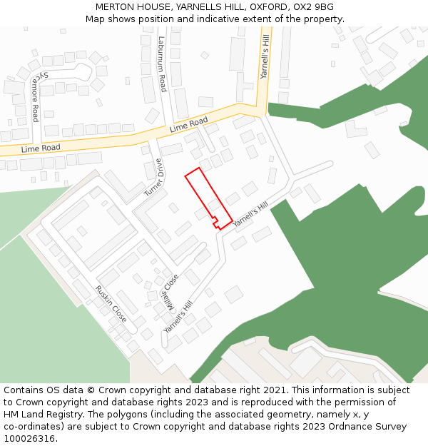 MERTON HOUSE, YARNELLS HILL, OXFORD, OX2 9BG: Location map and indicative extent of plot