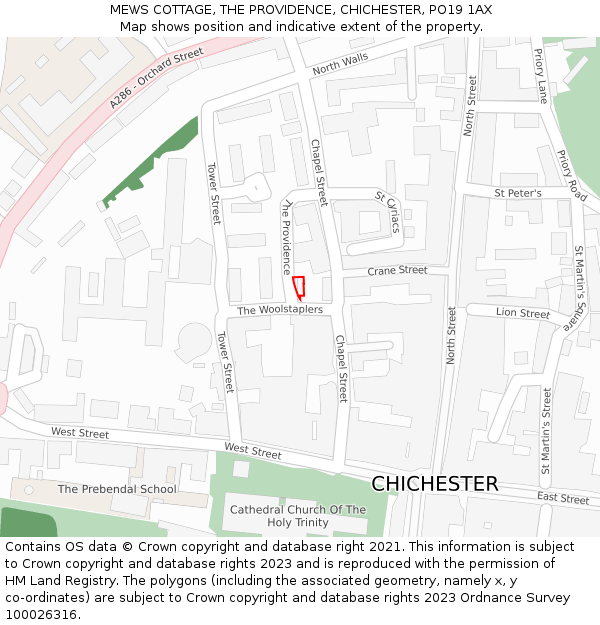 MEWS COTTAGE, THE PROVIDENCE, CHICHESTER, PO19 1AX: Location map and indicative extent of plot