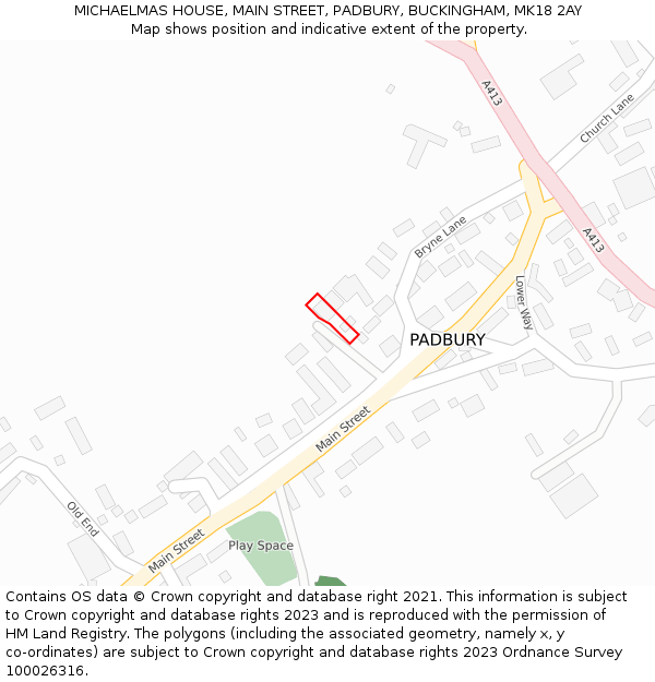 MICHAELMAS HOUSE, MAIN STREET, PADBURY, BUCKINGHAM, MK18 2AY: Location map and indicative extent of plot