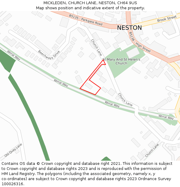 MICKLEDEN, CHURCH LANE, NESTON, CH64 9US: Location map and indicative extent of plot