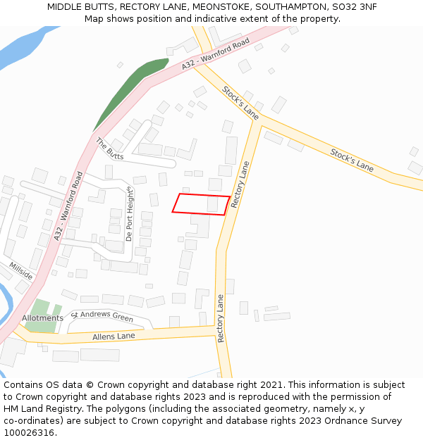 MIDDLE BUTTS, RECTORY LANE, MEONSTOKE, SOUTHAMPTON, SO32 3NF: Location map and indicative extent of plot