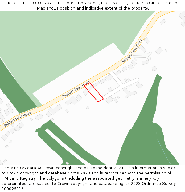 MIDDLEFIELD COTTAGE, TEDDARS LEAS ROAD, ETCHINGHILL, FOLKESTONE, CT18 8DA: Location map and indicative extent of plot