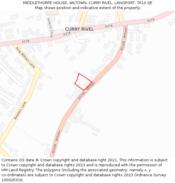 MIDDLETHORPE HOUSE, WILTOWN, CURRY RIVEL, LANGPORT, TA10 0JF: Location map and indicative extent of plot