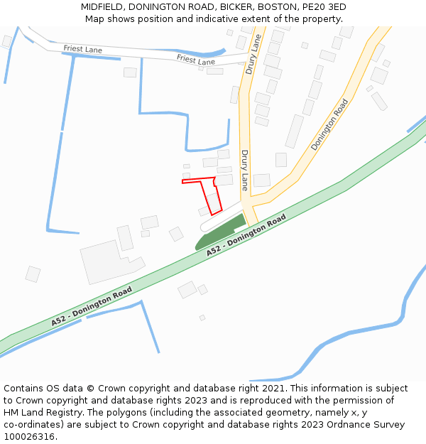 MIDFIELD, DONINGTON ROAD, BICKER, BOSTON, PE20 3ED: Location map and indicative extent of plot