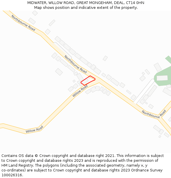 MIDWATER, WILLOW ROAD, GREAT MONGEHAM, DEAL, CT14 0HN: Location map and indicative extent of plot