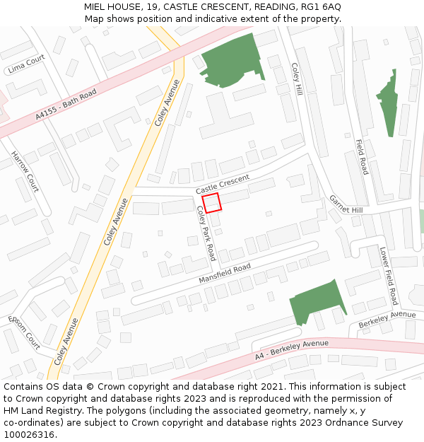 MIEL HOUSE, 19, CASTLE CRESCENT, READING, RG1 6AQ: Location map and indicative extent of plot