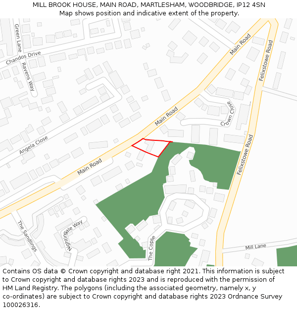 MILL BROOK HOUSE, MAIN ROAD, MARTLESHAM, WOODBRIDGE, IP12 4SN: Location map and indicative extent of plot