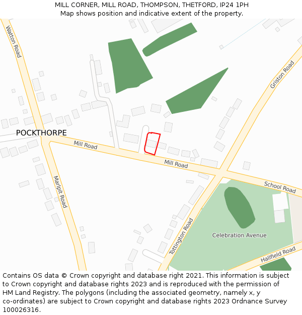 MILL CORNER, MILL ROAD, THOMPSON, THETFORD, IP24 1PH: Location map and indicative extent of plot