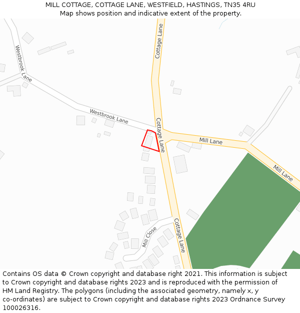 MILL COTTAGE, COTTAGE LANE, WESTFIELD, HASTINGS, TN35 4RU: Location map and indicative extent of plot