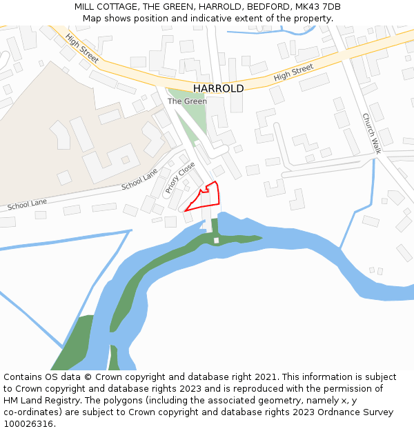 MILL COTTAGE, THE GREEN, HARROLD, BEDFORD, MK43 7DB: Location map and indicative extent of plot