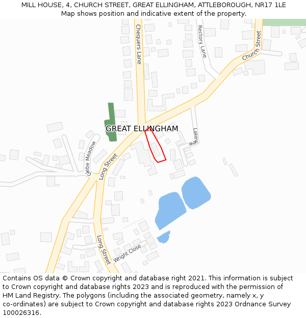 MILL HOUSE, 4, CHURCH STREET, GREAT ELLINGHAM, ATTLEBOROUGH, NR17 1LE: Location map and indicative extent of plot