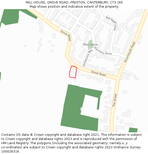 MILL HOUSE, GROVE ROAD, PRESTON, CANTERBURY, CT3 1EE: Location map and indicative extent of plot