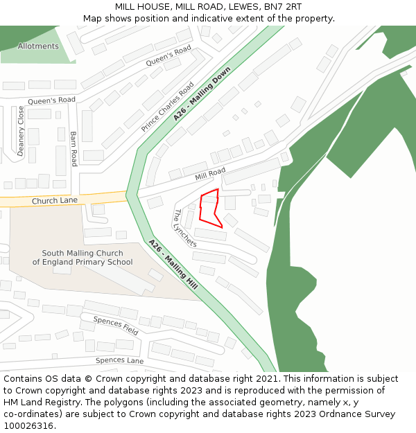 MILL HOUSE, MILL ROAD, LEWES, BN7 2RT: Location map and indicative extent of plot