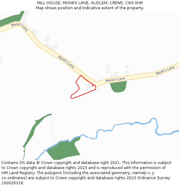 MILL HOUSE, MONKS LANE, AUDLEM, CREWE, CW3 0HR: Location map and indicative extent of plot