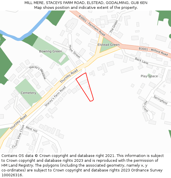 MILL MERE, STACEYS FARM ROAD, ELSTEAD, GODALMING, GU8 6EN: Location map and indicative extent of plot