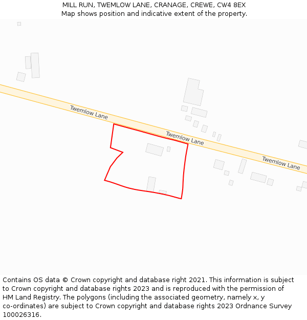 MILL RUN, TWEMLOW LANE, CRANAGE, CREWE, CW4 8EX: Location map and indicative extent of plot