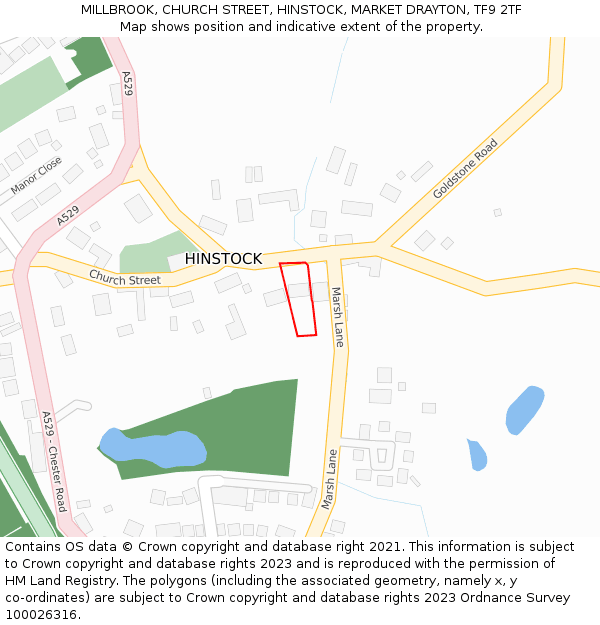 MILLBROOK, CHURCH STREET, HINSTOCK, MARKET DRAYTON, TF9 2TF: Location map and indicative extent of plot