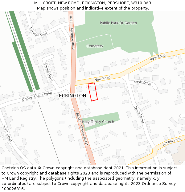 MILLCROFT, NEW ROAD, ECKINGTON, PERSHORE, WR10 3AR: Location map and indicative extent of plot