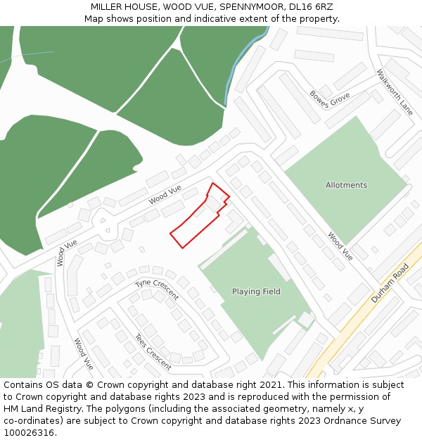 MILLER HOUSE, WOOD VUE, SPENNYMOOR, DL16 6RZ: Location map and indicative extent of plot