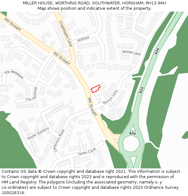 MILLER HOUSE, WORTHING ROAD, SOUTHWATER, HORSHAM, RH13 9AH: Location map and indicative extent of plot