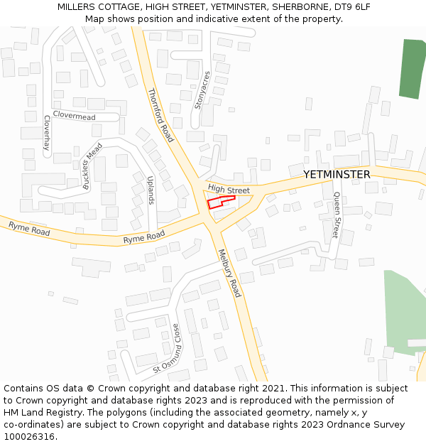 MILLERS COTTAGE, HIGH STREET, YETMINSTER, SHERBORNE, DT9 6LF: Location map and indicative extent of plot