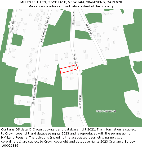 MILLES FEUILLES, RIDGE LANE, MEOPHAM, GRAVESEND, DA13 0DP: Location map and indicative extent of plot