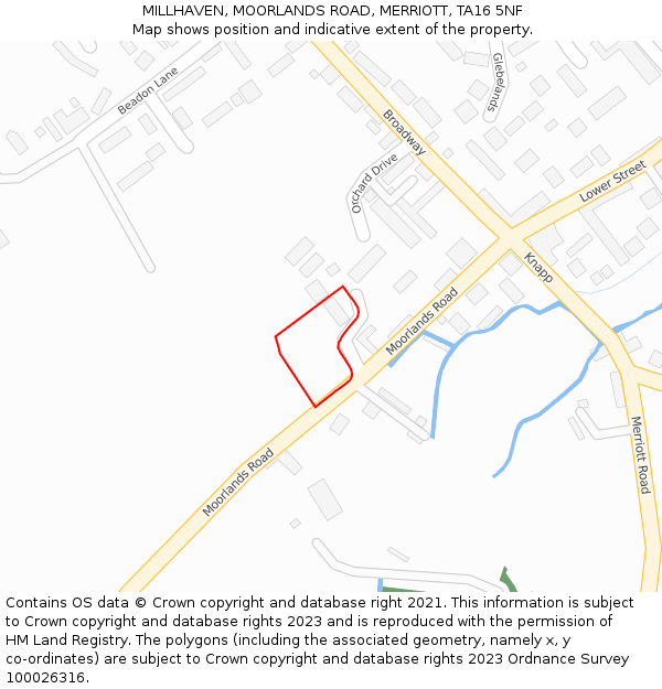 MILLHAVEN, MOORLANDS ROAD, MERRIOTT, TA16 5NF: Location map and indicative extent of plot