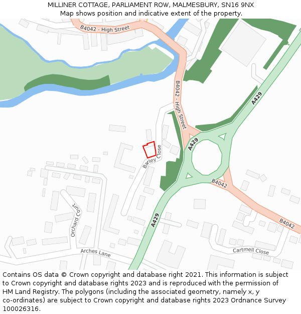 MILLINER COTTAGE, PARLIAMENT ROW, MALMESBURY, SN16 9NX: Location map and indicative extent of plot