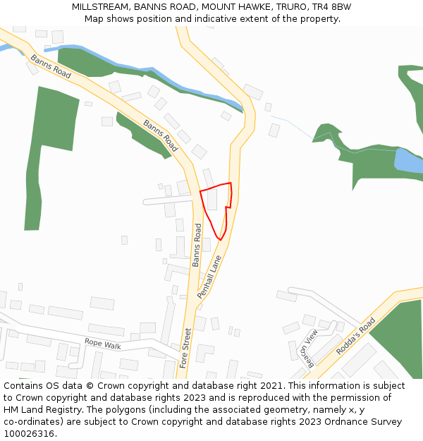 MILLSTREAM, BANNS ROAD, MOUNT HAWKE, TRURO, TR4 8BW: Location map and indicative extent of plot