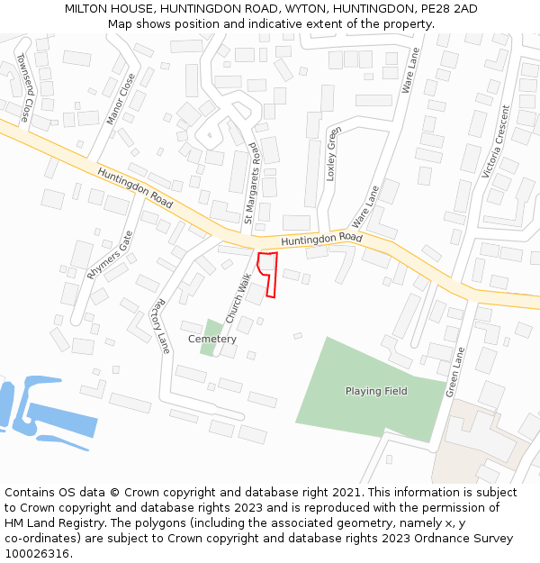 MILTON HOUSE, HUNTINGDON ROAD, WYTON, HUNTINGDON, PE28 2AD: Location map and indicative extent of plot