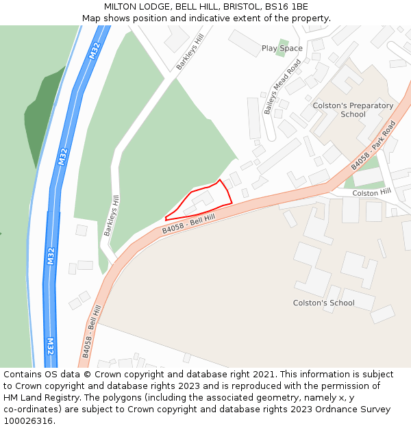 MILTON LODGE, BELL HILL, BRISTOL, BS16 1BE: Location map and indicative extent of plot