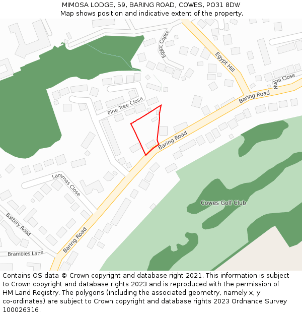 MIMOSA LODGE, 59, BARING ROAD, COWES, PO31 8DW: Location map and indicative extent of plot