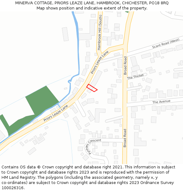 MINERVA COTTAGE, PRIORS LEAZE LANE, HAMBROOK, CHICHESTER, PO18 8RQ: Location map and indicative extent of plot