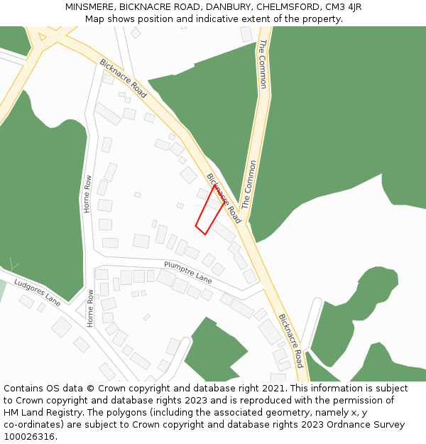 MINSMERE, BICKNACRE ROAD, DANBURY, CHELMSFORD, CM3 4JR: Location map and indicative extent of plot