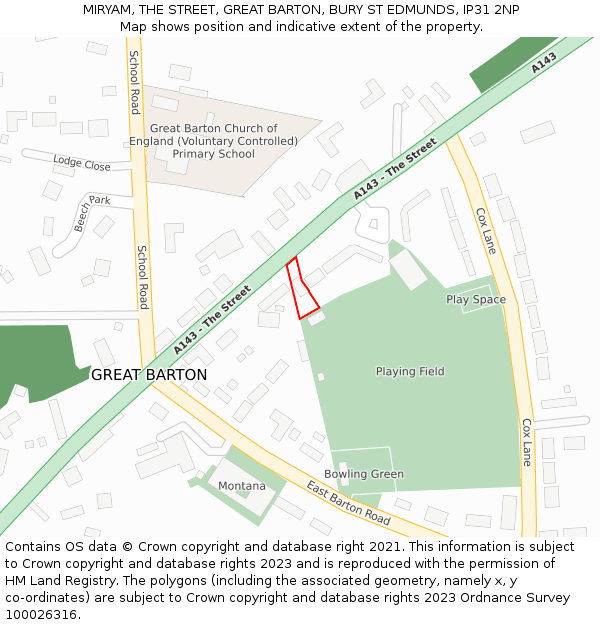 MIRYAM, THE STREET, GREAT BARTON, BURY ST EDMUNDS, IP31 2NP: Location map and indicative extent of plot