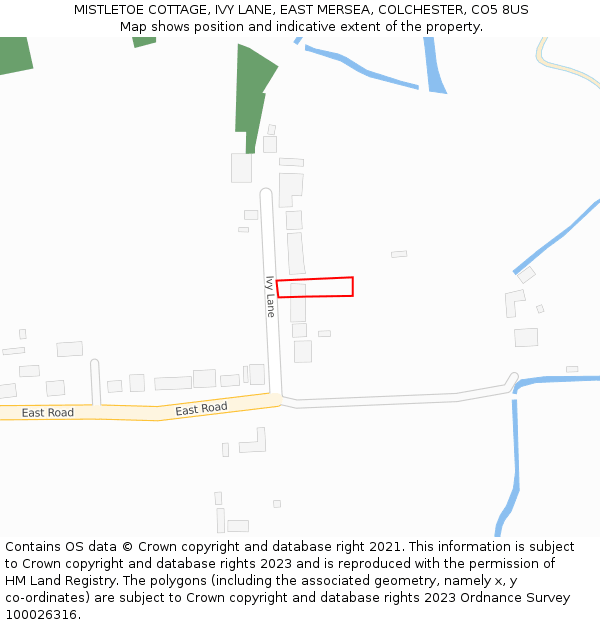 MISTLETOE COTTAGE, IVY LANE, EAST MERSEA, COLCHESTER, CO5 8US: Location map and indicative extent of plot