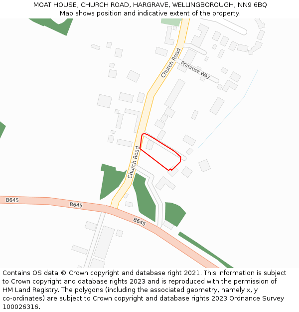 MOAT HOUSE, CHURCH ROAD, HARGRAVE, WELLINGBOROUGH, NN9 6BQ: Location map and indicative extent of plot