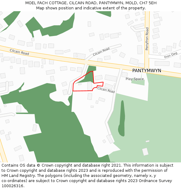 MOEL FACH COTTAGE, CILCAIN ROAD, PANTYMWYN, MOLD, CH7 5EH: Location map and indicative extent of plot