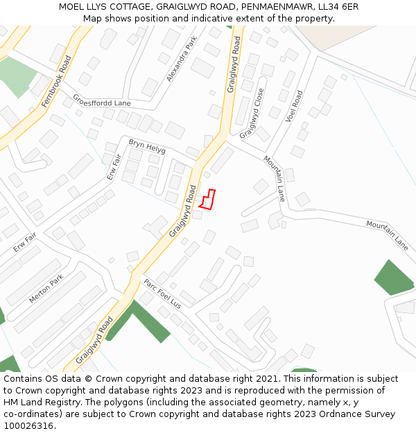 MOEL LLYS COTTAGE, GRAIGLWYD ROAD, PENMAENMAWR, LL34 6ER: Location map and indicative extent of plot