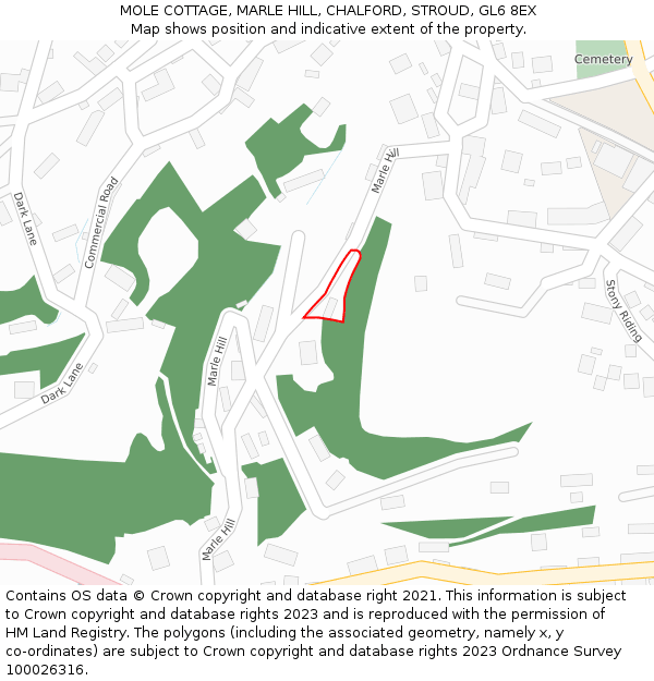 MOLE COTTAGE, MARLE HILL, CHALFORD, STROUD, GL6 8EX: Location map and indicative extent of plot