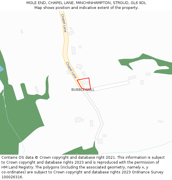MOLE END, CHAPEL LANE, MINCHINHAMPTON, STROUD, GL6 9DL: Location map and indicative extent of plot