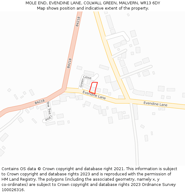 MOLE END, EVENDINE LANE, COLWALL GREEN, MALVERN, WR13 6DY: Location map and indicative extent of plot
