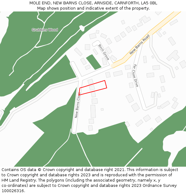 MOLE END, NEW BARNS CLOSE, ARNSIDE, CARNFORTH, LA5 0BL: Location map and indicative extent of plot