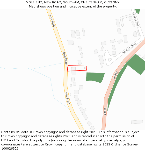 MOLE END, NEW ROAD, SOUTHAM, CHELTENHAM, GL52 3NX: Location map and indicative extent of plot