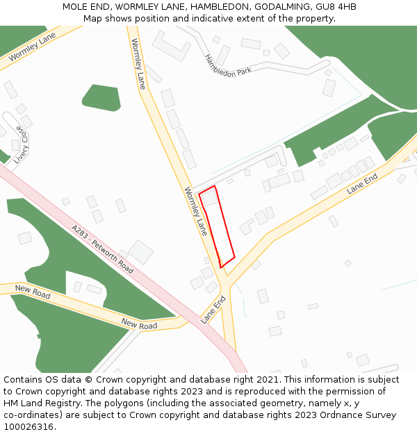 MOLE END, WORMLEY LANE, HAMBLEDON, GODALMING, GU8 4HB: Location map and indicative extent of plot