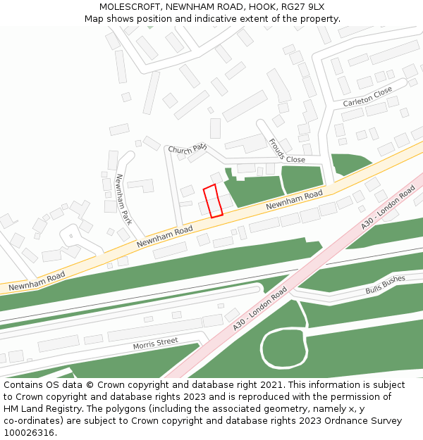 MOLESCROFT, NEWNHAM ROAD, HOOK, RG27 9LX: Location map and indicative extent of plot