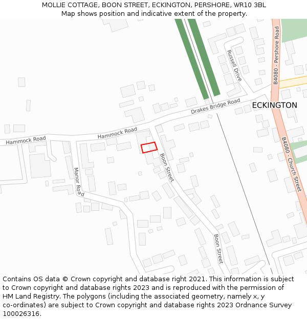 MOLLIE COTTAGE, BOON STREET, ECKINGTON, PERSHORE, WR10 3BL: Location map and indicative extent of plot