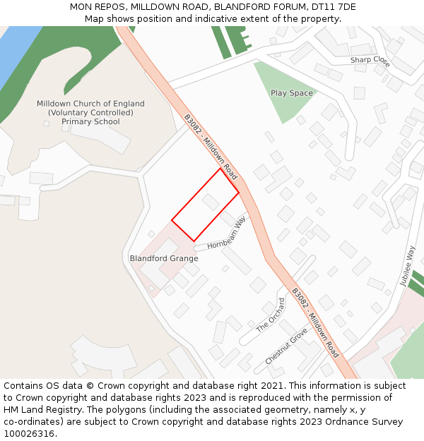 MON REPOS, MILLDOWN ROAD, BLANDFORD FORUM, DT11 7DE: Location map and indicative extent of plot